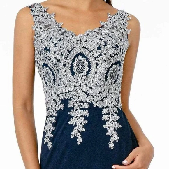 Elizabeth K - GL1839 Appliqued Bodice High Slit Long Dress - Picture 3 of 7